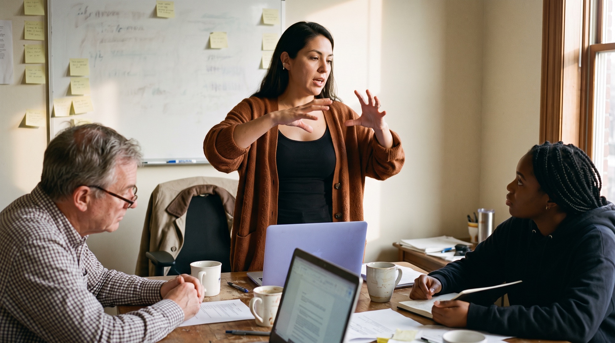 A woman leading a working session at a whiteboard while two colleagues listen